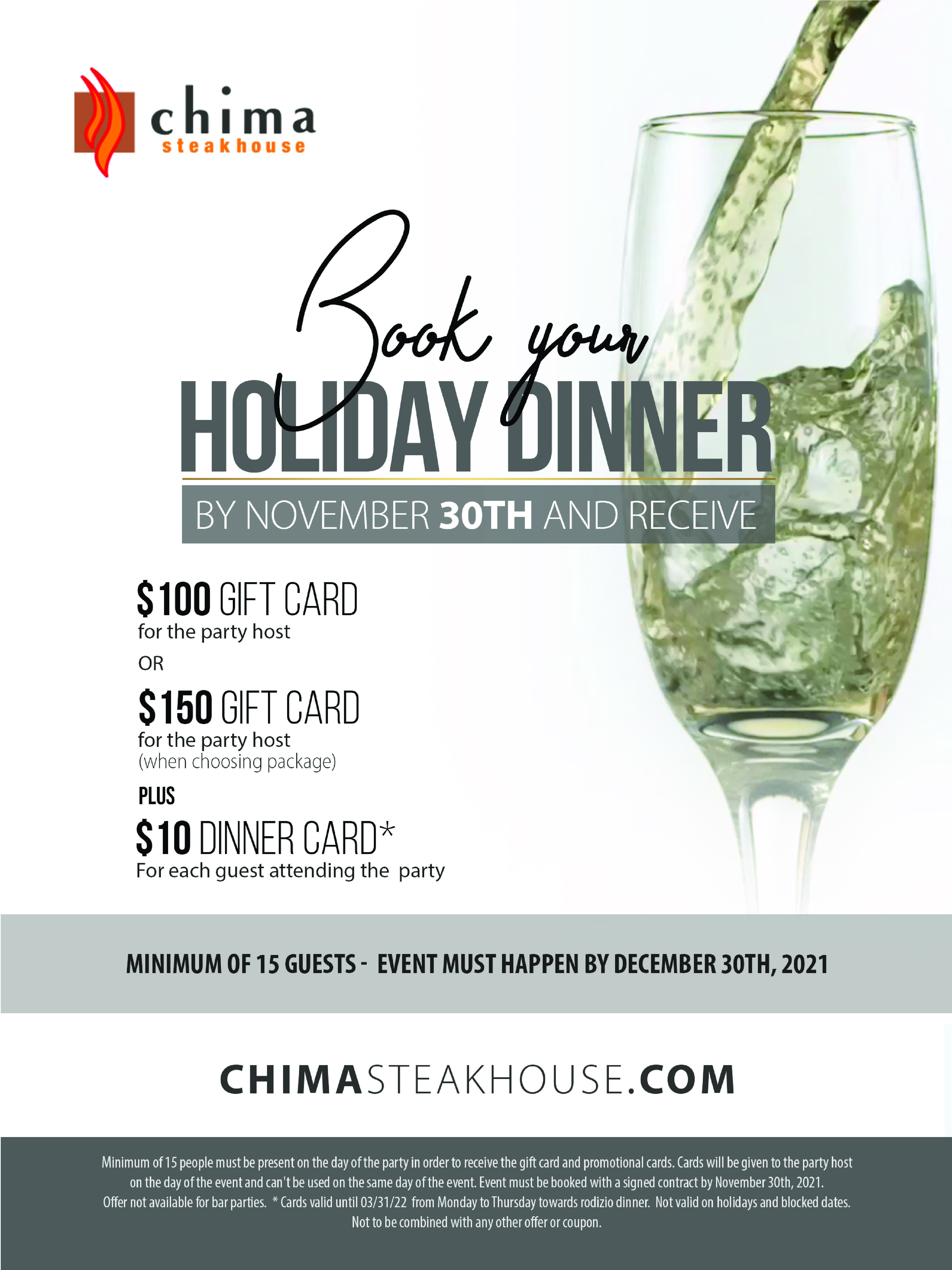 Book your Holiday Party and receive up to  $150 Gift card